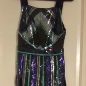 Zac Posen full-length sequined gown, low back with purple velvet straps